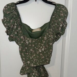 Altar'd State Green Floral Ruffle Blouse